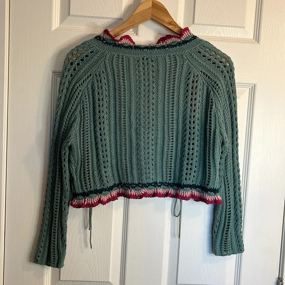 Vintage boho crochet cardigan Women's M teal blue linen blend - Picture 2 of 9